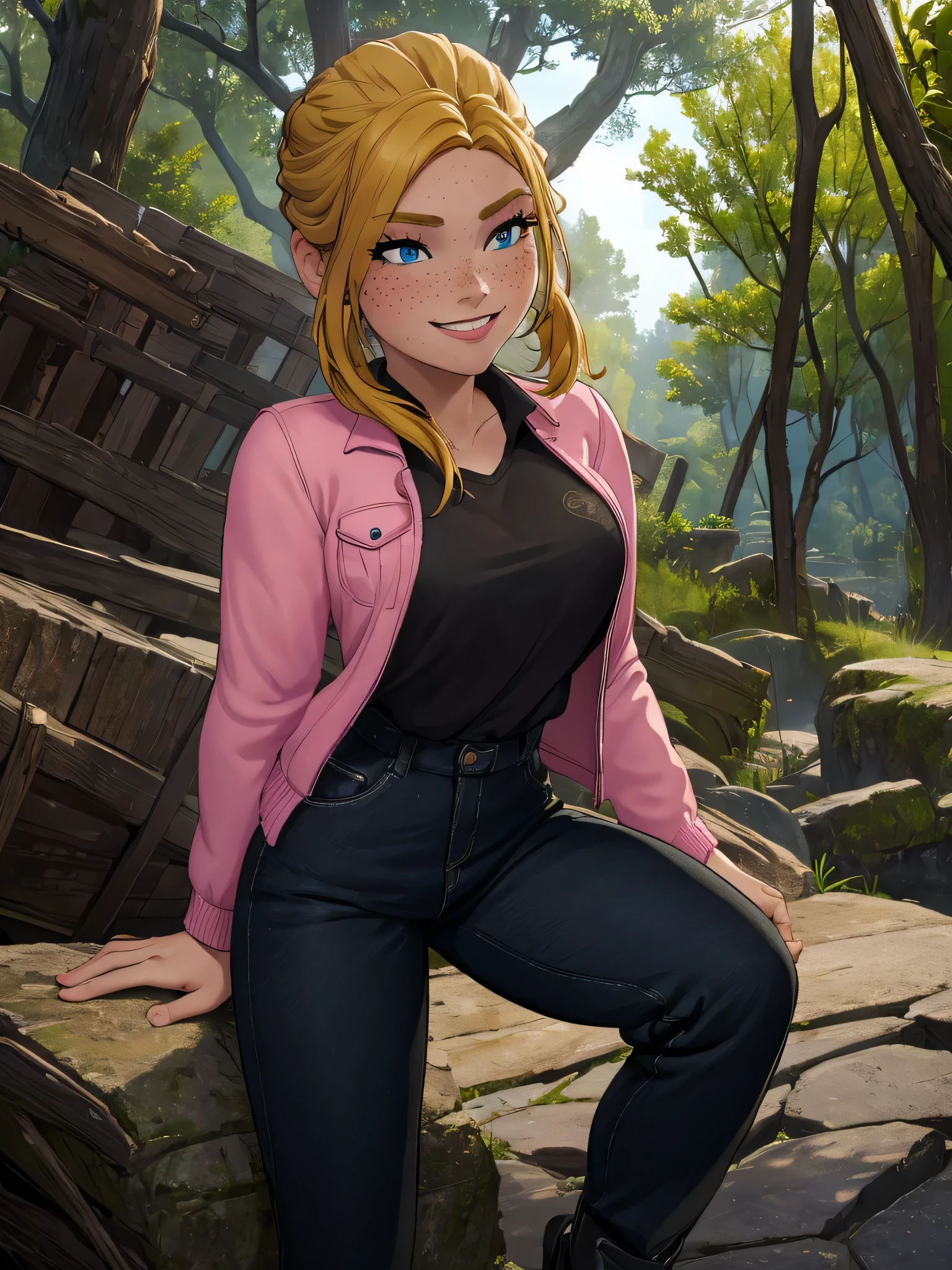 (masterpiece, best quality, high resolution:1.2), 1girl, solo, freckles, blue eyes, blonde hair, braid, shirt, black shirt, jacket, pink jacket, long sleeves, large hip, pants, black pants, black footwear, smile, close up, portrait, perfect eyes, forest, outdoor