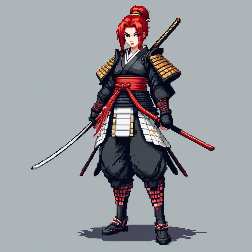 Make a pixel art of a girl with red hair, in a samurai outfit, with her entire body appearing, Do something serious, showing anger