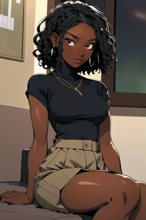 (masterpiece: 1.2, best quality), 1 lady, alone, Sitting in a style cafeteria , daytime, sitting, black hair, extremely curly hair, dark eyes, no cleavage, dark skin, comfy clothing style, no bangs , medium breasts, High collar closed shirt, Latina, turtleneck shirt closed to the neck, Closed strands, strands like straws, anime stile, sensual face, jolly