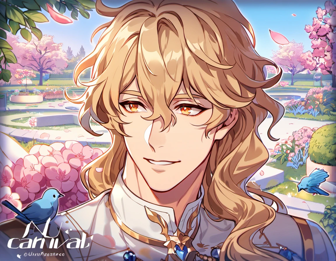 absurdres, highres, ultra detailed, HDR, masterpiece, Quincy, blond wavy hair, hair between the eyes, expressive orange eyes, Nu Carnival, designed with decorations such as blue leaves, blossoms and birds, 1man, handsome, garden, petals