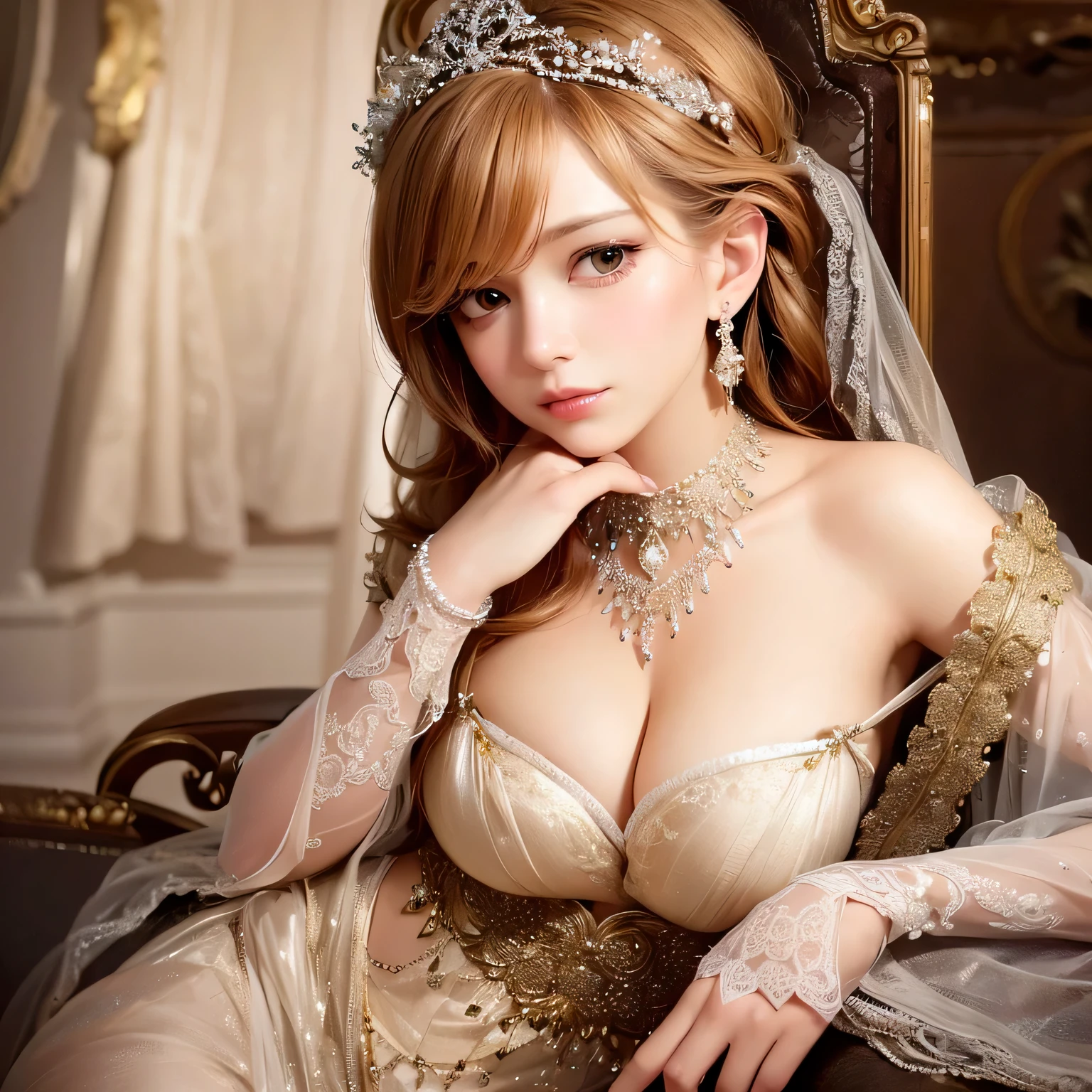 (best quality,realistic:1.37),ultra-detailed,professional,portrait,studio lighting,a woman in a long sheer skirt, detailed eyes, detailed lips, sensual posing, graceful, elegant, soft lighting, flowing fabric, ethereal, fine details, delicate features, feminine, enchanting, sophisticated colors, subtle contrasts, dreamlike atmosphere, romantic ambiance, high-res, vivid colors, beautiful composition