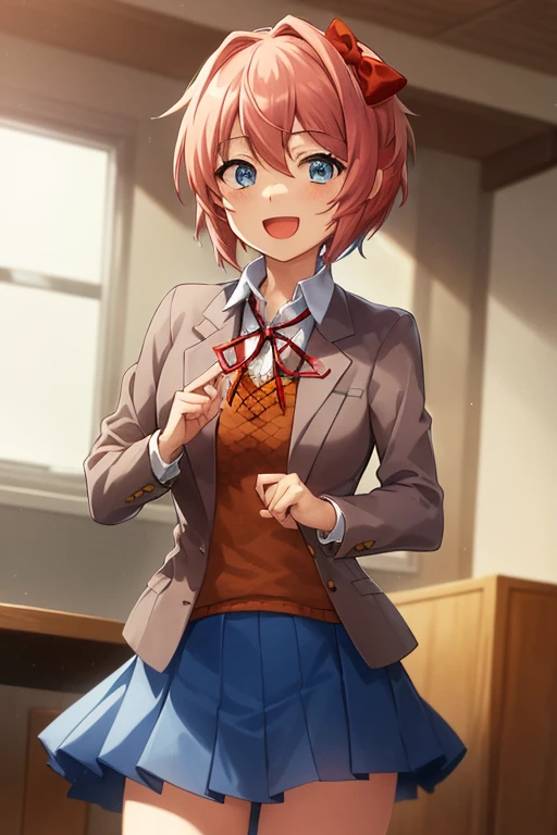 2d, masterpiece, best quality, anime, highly detailed, cowboy shot, 1girl, solo, sayori, blue eyes, pink hair, short hair, hair bow, red bow, , blazer, brown sweater, collared shirt, neck ribbon, blue skirt, standing, clenched hands, :d, classroom
