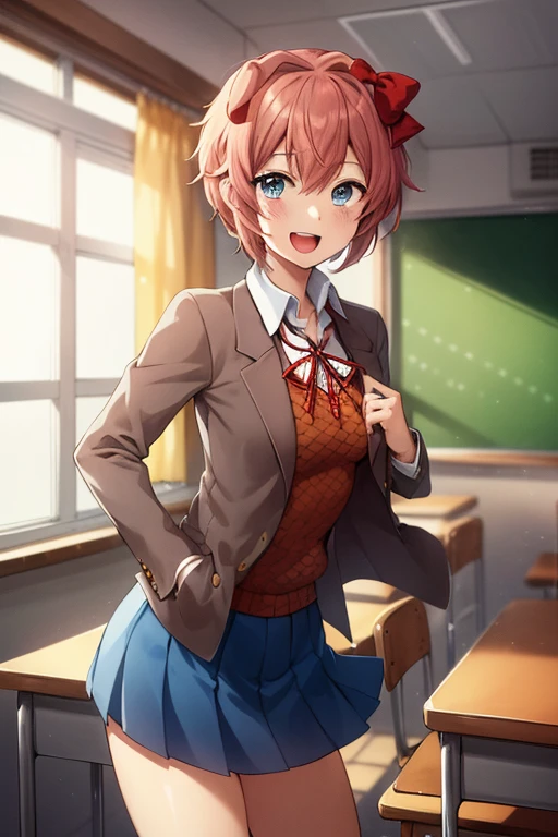 2d, masterpiece, best quality, anime, highly detailed, cowboy shot, 1girl, solo, sayori, blue eyes, pink hair, short hair, hair bow, red bow, , blazer, brown sweater, collared shirt, neck ribbon, blue skirt, standing, clenched hands, :d, classroom