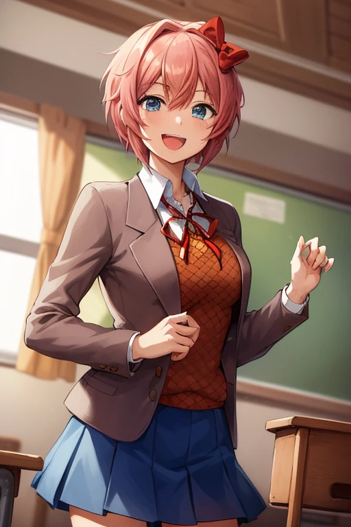 2d, masterpiece, best quality, anime, highly detailed, cowboy shot, 1girl, solo, sayori, blue eyes, pink hair, short hair, hair bow, red bow, , blazer, brown sweater, collared shirt, neck ribbon, blue skirt, standing, clenched hands, :d, classroom