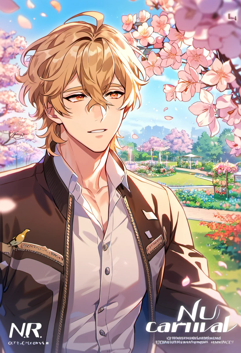 absurdres, highres, ultra detailed, HDR, masterpiece, Quincy, blond short wavy hair, hair between the eyes, expressive orange eyes, Nu Carnival, designed with decorations such as blue leaves, blossoms and birds, 1man, handsome, garden, petals