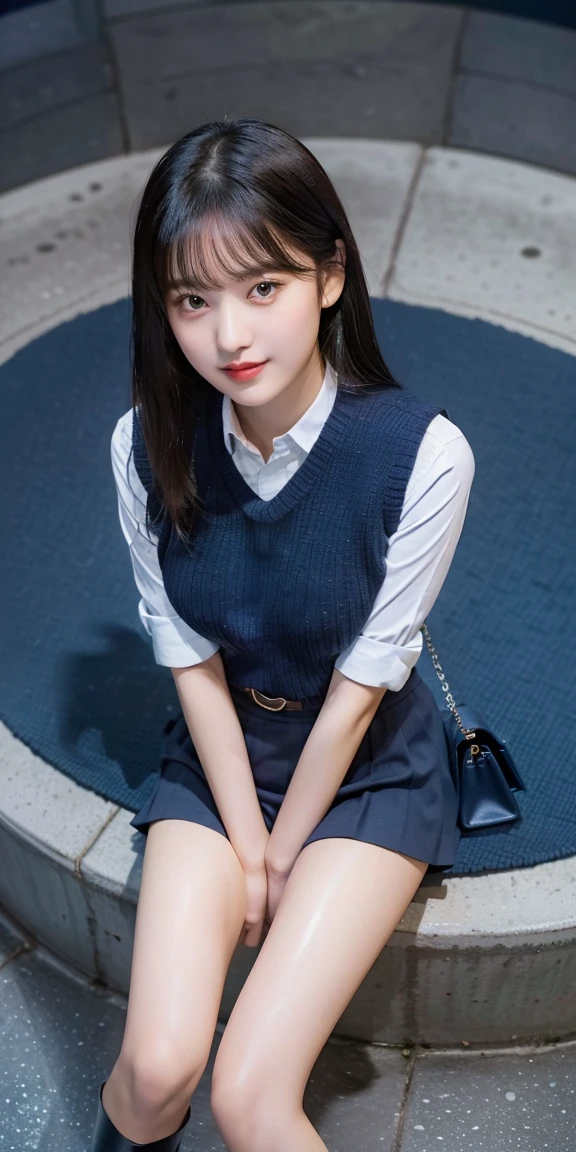 1 Nogizaka Musume, Very cute, a beauty girl, 17 age, Beautiful face, eyes and skin with exquisite detail, Detailed black hair, Smile at the camera, cowboy  shot, the way from school to home, profetional lighting, BREAK, (realisitic, Photorealsitic:1.37), 8K, (​masterpiece), (top-quality:1.4), (超A high resolution:1.2), (Raw photography:1.2)、(super detailed beautiful cloths)、perfect anatomia、4fingers and 1thumb、hyper detailed background、(Wallpapers by Unity 8K)、Sit on a chair and open your legs、Underwear is white