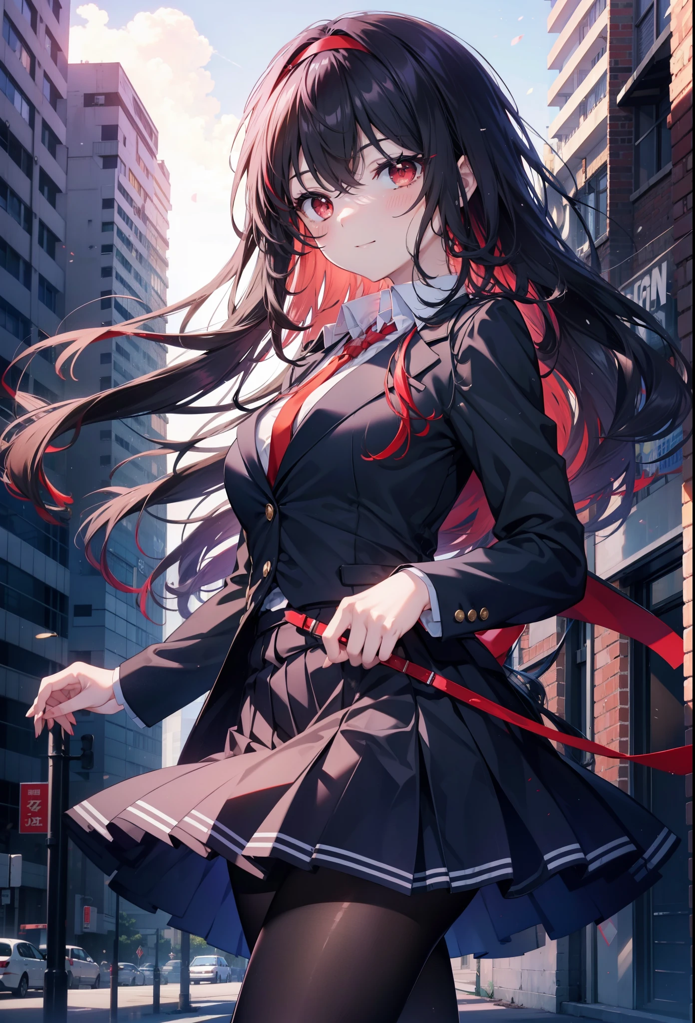 Commercial purposes, utaha kasumigaoka, black hair, hair band, long hair, (red eyes:1.5),blush,happy smile, smile, open your mouth,skirt,OL, red glasses, end, black suit jacket, collared jacket, white dress shirt, collared shirt, neckline, button, strap, ID card on neck, 黒のペンシルskirt, black pantyhose,stiletto heels,morning,morning陽,the sun is rising,
break looking at viewer,whole body,
break outdoors, building street,In town,
break (masterpiece:1.2), highest quality, High resolution, unity 8k wallpaper, (shape:0.8), (fine and beautiful eyes:1.6), highly detailed face, perfect lighting, Very detailed CG, (perfect hands, perfect anatomy),