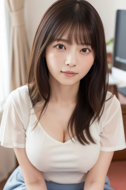 ((masterpiece))、((highest quality))、16K,ultra high resolution、Depth of the bounds written、photograph、reality、High level image quality、Super detailed、married woman、60s generation、(plump body)、wavy long hair、realistic background、very big and full breasts、Large sagging breasts、deep cleavage、big nipples、smooth and beautiful thighs、fine and beautiful eyes、hanging eyes、Clear double eyelids、tear bag、sexy smile、office、sitting in front of a computer、(A tight white short-sleeved knit that clings to her breasts、Vneck、chest is wide open)、(Navy blue tight knit skirt)、((Indirect lighting only))、頭から太ももまでのphotograph