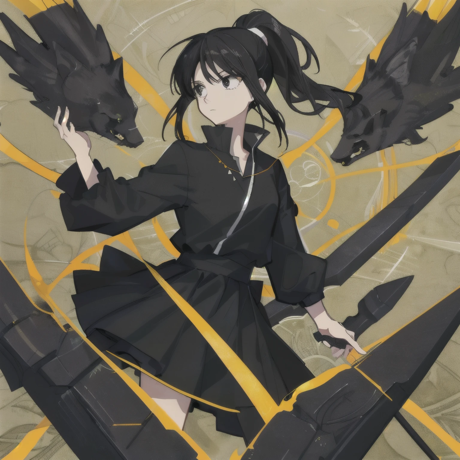 (masterpiece), (highest quality), (Super detailed),(figure), 1 female, black hair, ponytail hair, black clothes, Yoshihiro Togashi style, Manipulating black shadows.