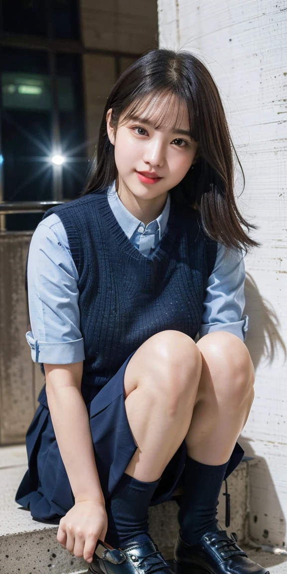 (8K), (highest quality: 1.2), (realistic), (realistic: 1.37), ultra high resolution, (1 girl),(whole body:1.3), cute, smile, closed mouth, thick lips,red lip,beautiful details, beautiful nose, (straight black hair), Giant Dulcefo,(school uniform),(Oversized light blue shirt:1.2),(Large navy blue knit vest:1.2),(Grey pleated super ultra micro mini skirt:1.2),in the city at night, (sit:1.2),Carrying a bag,(from below:1.2),(long legs:1.2),(Thigh close up 1.2),(knees),(leather shoes:1.1)(wet and shiny skin),