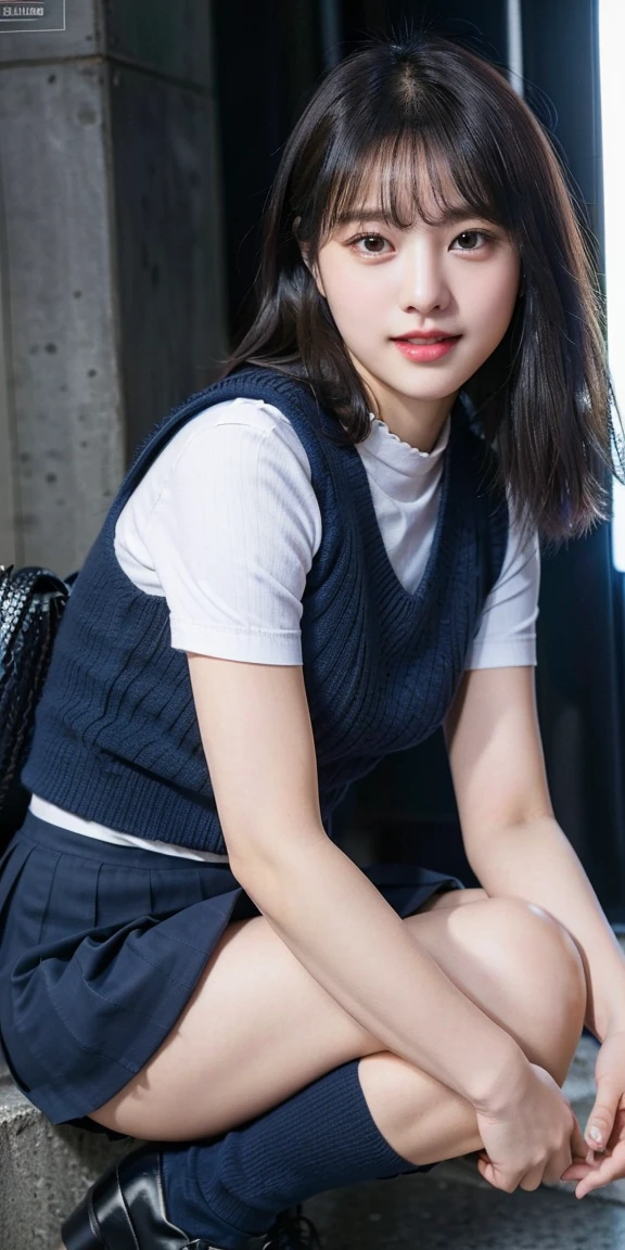(8K), (highest quality: 1.2), (realistic), (realistic: 1.37), ultra high resolution, (1 girl),(whole body:1.3), cute, smile, closed mouth, thick lips,red lip,beautiful details, beautiful nose, (straight black hair), Giant Dulcefo,(school uniform),(Oversized light blue shirt:1.2),(Large navy blue knit vest:1.2),(Grey pleated super ultra micro mini skirt:1.2),in the city at night, (sit:1.2),Carrying a bag,(from below:1.2),(long legs:1.2),(Thigh close up 1.2),(knees),(leather shoes:1.1)(wet and shiny skin),