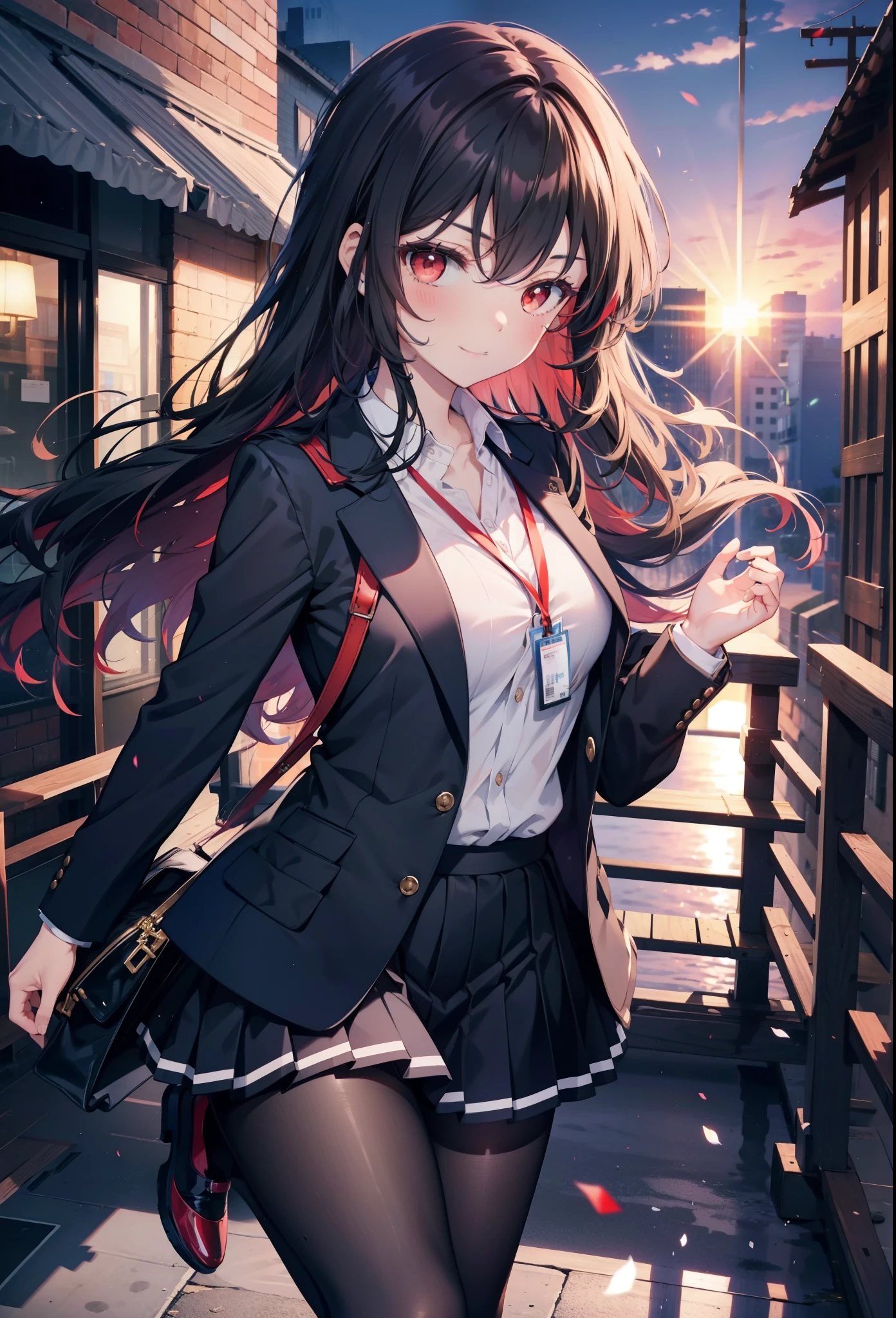 Commercial purposes, utaha kasumigaoka, black hair, hair band, long hair, (red eyes:1.5),blush,happy smile, smile, open your mouth,skirt,OL, red glasses, end, black suit jacket, collared jacket, white dress shirt, collared shirt, neckline, button, strap, ID card on neck, 黒のペンシルskirt, black pantyhose,stiletto heels,morning,morning陽,the sun is rising,
break looking at viewer,whole body,
break outdoors, building street,In town,
break (masterpiece:1.2), highest quality, High resolution, unity 8k wallpaper, (shape:0.8), (fine and beautiful eyes:1.6), highly detailed face, perfect lighting, Very detailed CG, (perfect hands, perfect anatomy),