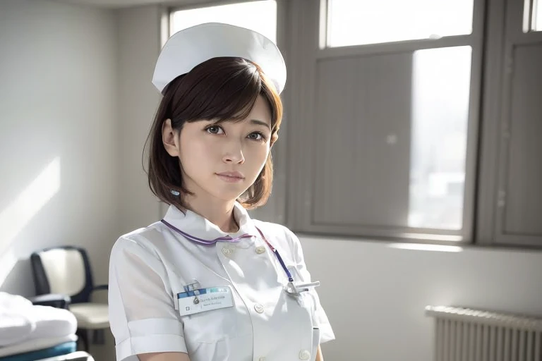 1 girl,(Wearing white nurse clothes:1.2),(Raw photo, highest quality), (realistic, photo-realistic:1.4), masterpiece, very delicate and beautiful, very detailed, 2k wallpaper, wonderful, finely, very detailed CG unity 8k wallpaper, Super detailed, High resolution, soft light, beautiful detailed girl, very detailed eyes and face, beautifully detailed nose, finely beautiful eyes, nurse, perfect anatomy, black hair, up style, nurse uniform, ((nurse cap)), long skirt, nurse, white costume, thin, hospital, clear, White uniform, hospital room, Neck auscultation,(short hair), 