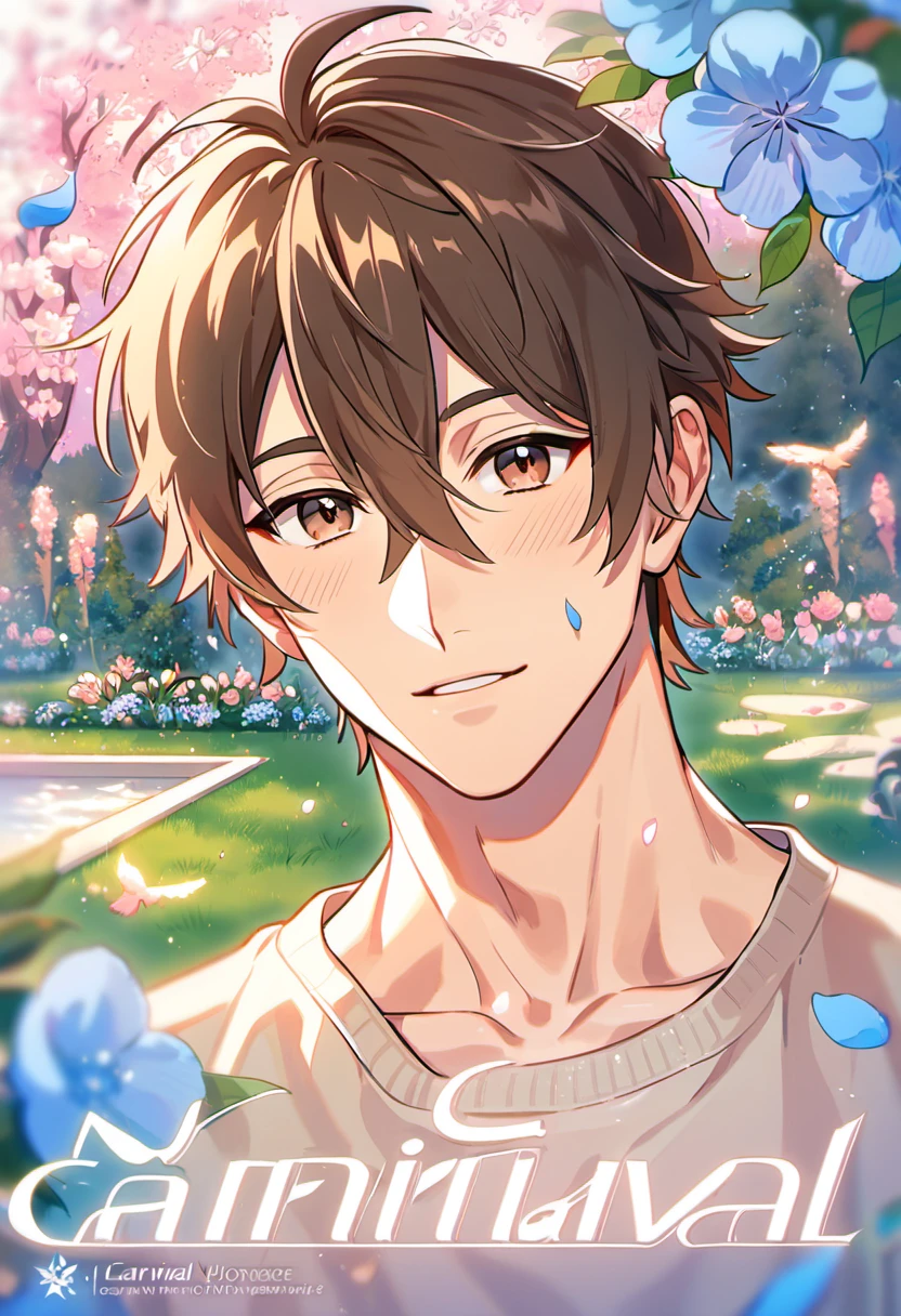 absurdres, highres, ultra detailed, HDR, masterpiece, Eiden, brown short hair, hair between the eyes, expressive brown eyes, Nu Carnival, designed with decorations such as blue leaves, blossoms and birds, 1man, handsome, garden, petals
