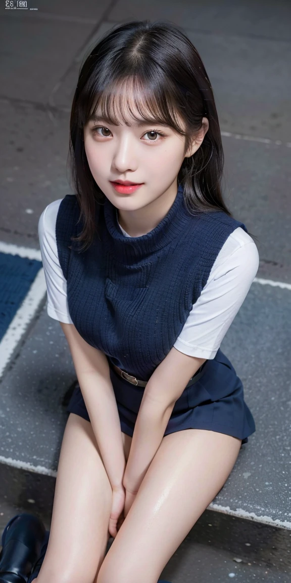 (8K), (highest quality: 1.2), (realistic), (realistic: 1.37), ultra high resolution, (1 girl),(whole body:1.3), cute, smile, closed mouth, thick lips,red lip,beautiful details, beautiful nose, (straight black hair), Giant Dulcefo,(school uniform),(Oversized light blue shirt:1.2),(Large navy blue knit vest:1.2),(Grey pleated super ultra micro mini skirt:1.2),in the city at night, (sit:1.2),Carrying a bag,(From above:1.2),(long legs:1.2),(Thigh close up 1.3),(knees),(leather shoes:1.1)(wet and shiny skin),