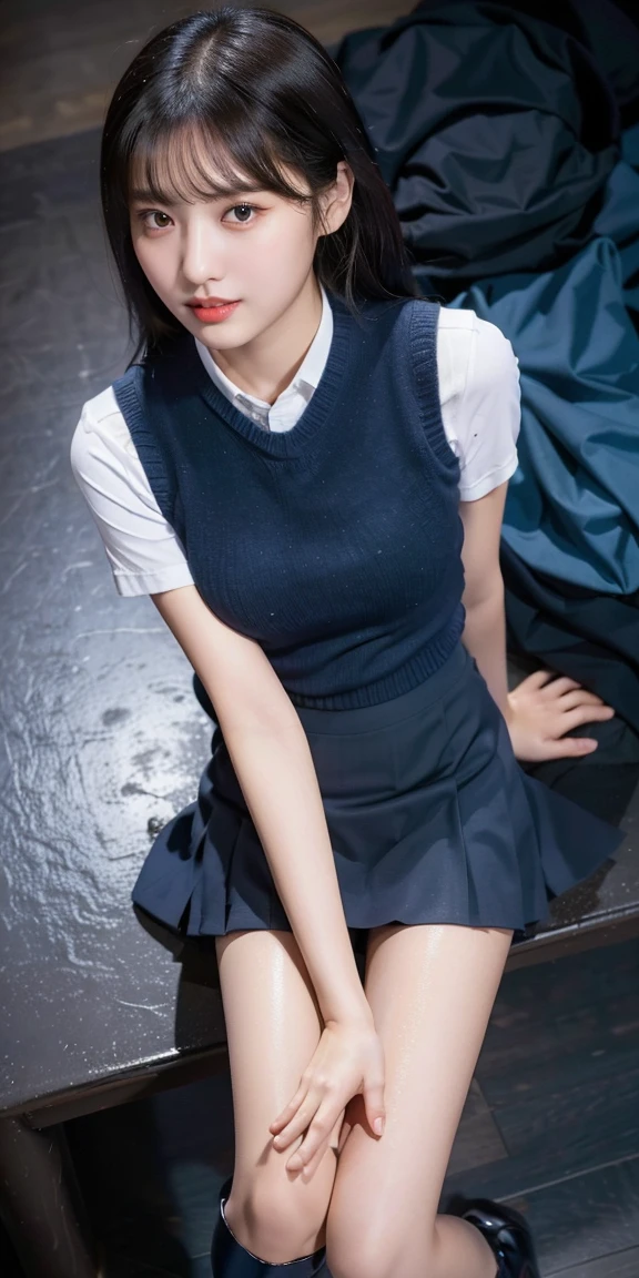 (8K), (highest quality: 1.2), (realistic), (realistic: 1.37), ultra high resolution, (1 girl),(whole body:1.3), cute, smile, closed mouth, thick lips,red lip,beautiful details, beautiful nose, (straight black hair), Giant Dulcefo,(school uniform),(Oversized light blue shirt:1.2),(Large navy blue knit vest:1.2),(Grey pleated super ultra micro mini skirt:1.2),in the city at night, (sit:1.2),Carrying a bag,(From above:1.2),(long legs:1.2),(Thigh close up 1.3),(knees),(leather shoes:1.1)(wet and shiny skin),