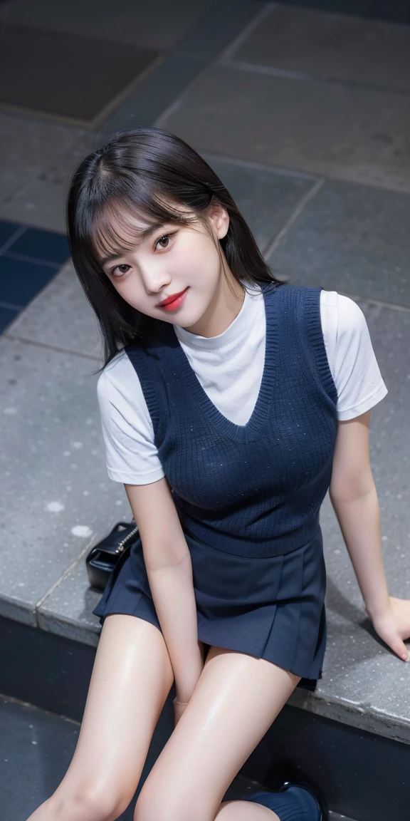 (8K), (highest quality: 1.2), (realistic), (realistic: 1.37), ultra high resolution, (1 girl),(whole body:1.3), cute, smile, closed mouth, thick lips,red lip,beautiful details, beautiful nose, (straight black hair), Giant Dulcefo,(school uniform),(Oversized light blue shirt:1.2),(Large navy blue knit vest:1.2),(Grey pleated super ultra micro mini skirt:1.2),in the city at night, (sit:1.2),Carrying a bag,(From above:1.2),(long legs:1.2),(Thigh close up 1.3),(knees),(leather shoes:1.1)(wet and shiny skin),