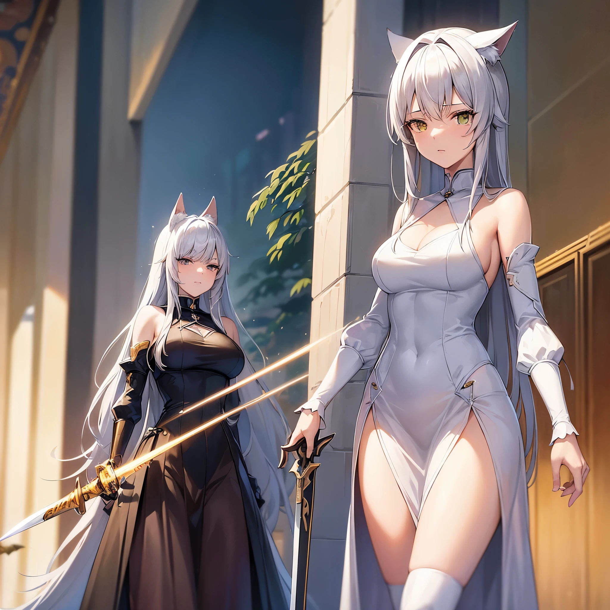 Anime – A female character with cat ears and a collar，It looks like a white-haired fox，《arknight》da garota gata branca， de anime com orelhas de gato fofa gato anime bonita，It has a very beautiful appearance，neferpitou，Nyaruko-san，arknight, plano super amplo, Foto frontal de corpo inteiro,Imagem de Alphard de uma guerreira mecha, das ******s da linha de frente, Mecha estilo guerreiro, universo da linha de frente das ******s, detalhes finos.  Frente, no estilo mecha,postura de luta,mecha gigante,(smooth surface),Cidade Cyberpunk,White is the main color，Com marrom、Cor decorativa do ouro，。Existem propulsores poderosos,(cristal:1.3),(((obra de arte))),(((Melhor qualidade))),((ultra-detalhado))((CG extremamente detalhado)),((16k resolution))((extremamente delicado e lindo)),{Fotorrealista},Cheio de flores claras detalhadas,A obra de arte from the Canon EOS R6 shooting,((tobra de arte)) ,film lighting,Sozinho,motor irreal 5,(Espada Katana Japonesa,Excelente artesanato、Katana elegante e poderosa。The blade is slender and graceful，Built with futuristic technology。The knife body is carved with beautiful ornaments，Featuring mythical creatures and symbols of power。The handle is made of precious metal material),seguro,trilhos