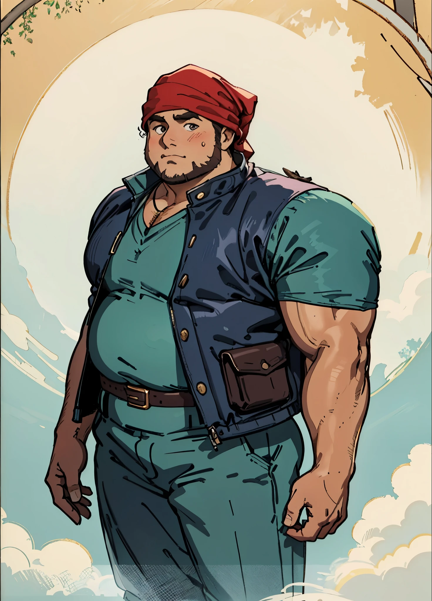 A man with short hair wrapped in a headscarf, side-parted bangs, determined large eyes, chubby cheeks, extremely robust physique, brown skin, dressed in an open fantasy-style shirt jacket with a V-neck undershirt, fur-trimmed short sleeves, the jacket features small pockets, a cloth belt wraps around his waist, linen trousers, he stands sweating in the intense sunlight of a fantasy-style marketplace, this character embodies a finely crafted fantasy-style obese merchant in anime style, exquisite and mature manga art style, high definition, best quality, highres, ultra-detailed, ultra-fine painting, extremely delicate, professional, perfect body proportions, golden ratio, anatomically correct, symmetrical face, extremely detailed eyes and face, high quality eyes, creativity, RAW photo, UHD, 32k, Natural light, cinematic lighting, masterpiece-anatomy-perfect, masterpiece:1.5