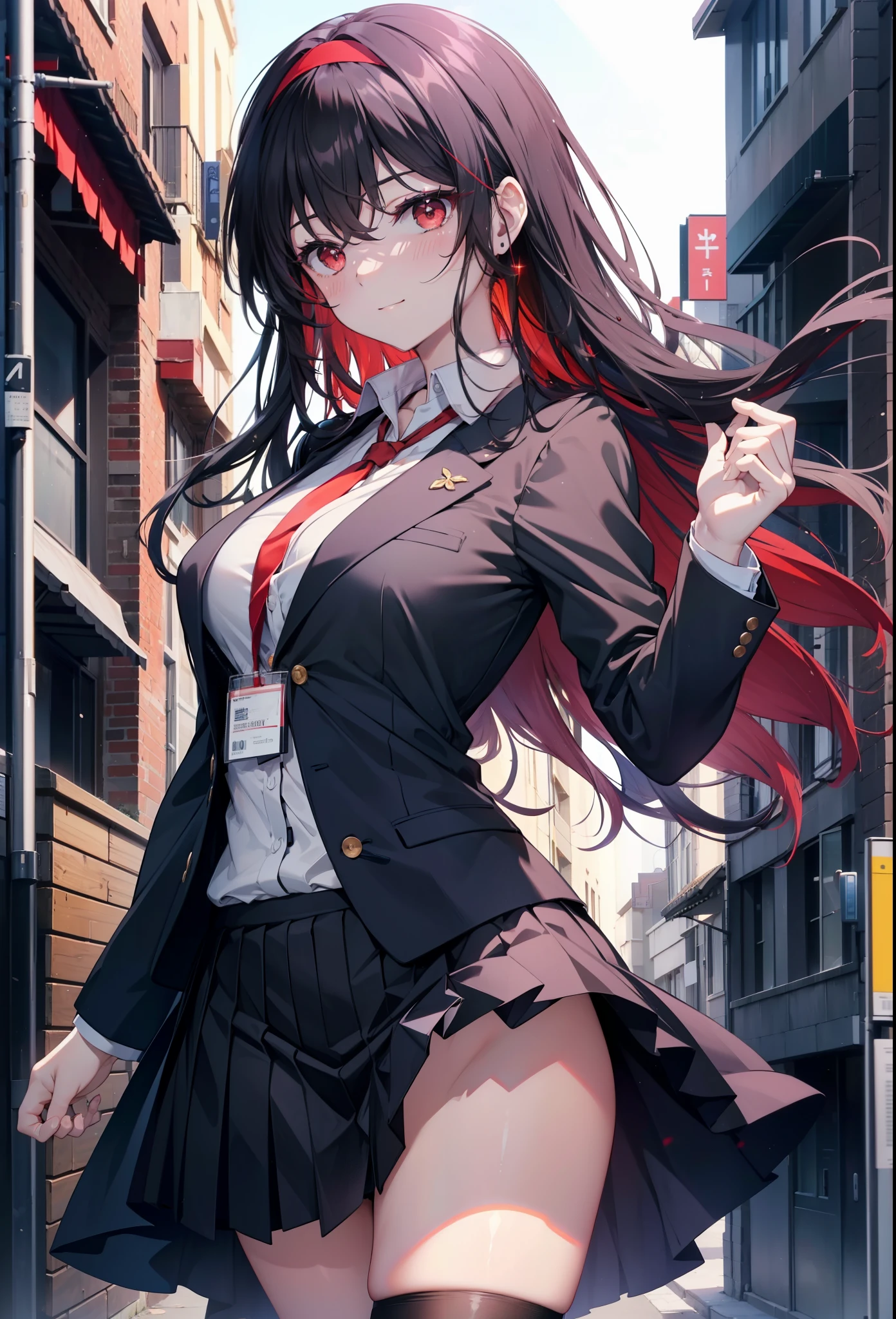 Commercial purposes, utaha kasumigaoka, black hair, hair band, long hair, (red eyes:1.5),blush,happy smile, smile, open your mouth,skirt,OL, red glasses, end, black suit jacket, collared jacket, white dress shirt, collared shirt, neckline, button, strap, ID card on neck, 黒のペンシルskirt, black pantyhose,stiletto heels,morning,morning陽,the sun is rising,
break looking at viewer,whole body,(cowboy shot:1. 5)
break outdoors, building street,In town,
break (masterpiece:1.2), highest quality, High resolution, unity 8k wallpaper, (shape:0.8), (fine and beautiful eyes:1.6), highly detailed face, perfect lighting, Very detailed CG, (perfect hands, perfect anatomy),