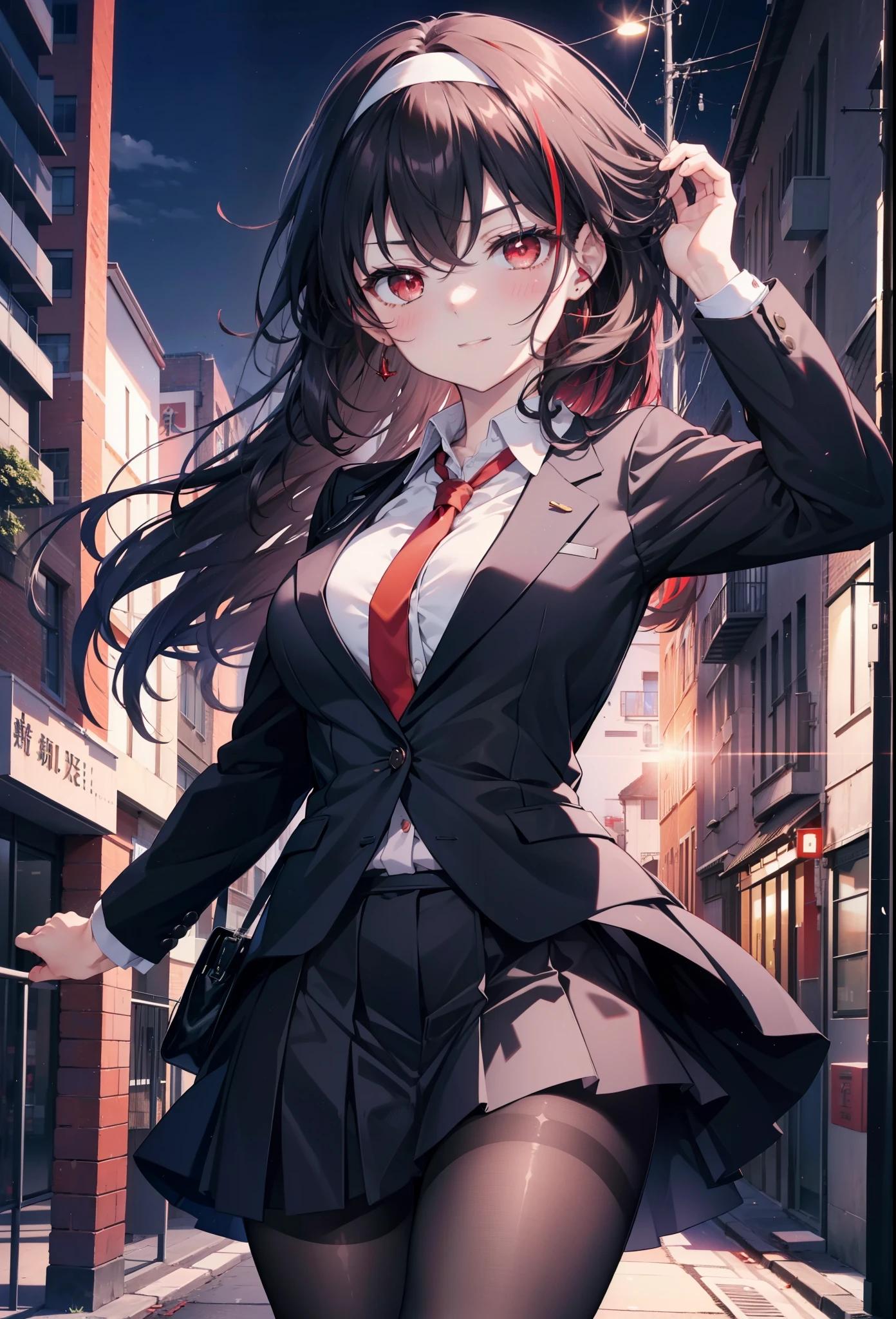 Commercial purposes, utaha kasumigaoka, black hair, hair band, long hair, (red eyes:1.5),blush,happy smile, smile, open your mouth,skirt,OL, red glasses, end, black suit jacket, collared jacket, white dress shirt, collared shirt, neckline, button, strap, ID card on neck, 黒のペンシルskirt, black pantyhose,stiletto heels,morning,morning陽,the sun is rising,
break looking at viewer,whole body,(cowboy shot:1. 5)
break outdoors, building street,In town,
break (masterpiece:1.2), highest quality, High resolution, unity 8k wallpaper, (shape:0.8), (fine and beautiful eyes:1.6), highly detailed face, perfect lighting, Very detailed CG, (perfect hands, perfect anatomy),
