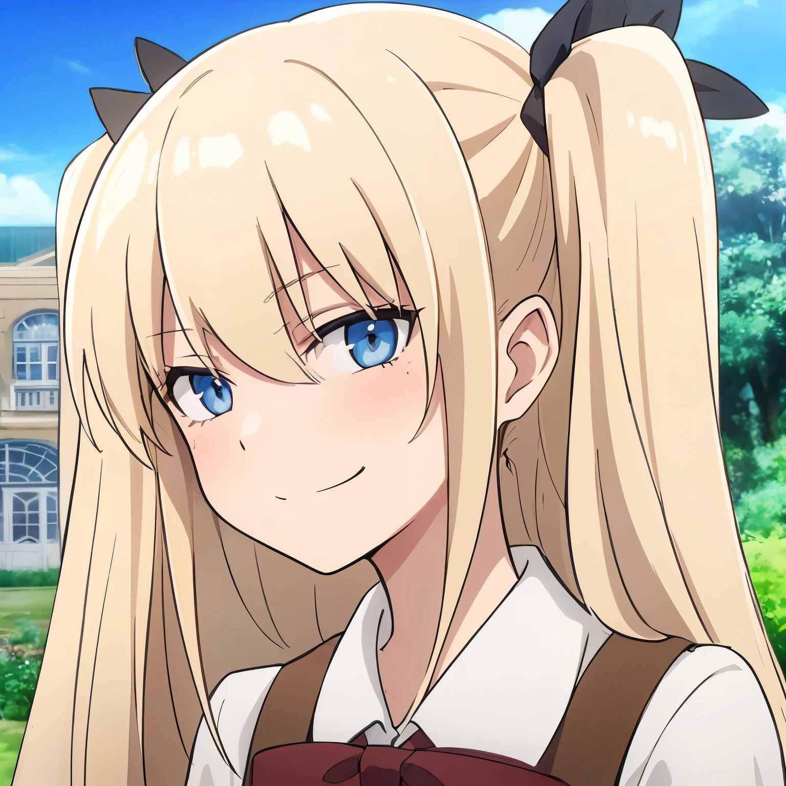 young woman . blonde. Blue eyes. Smirk. Tricky glance. against the backdrop of a manor with a garden and trees.