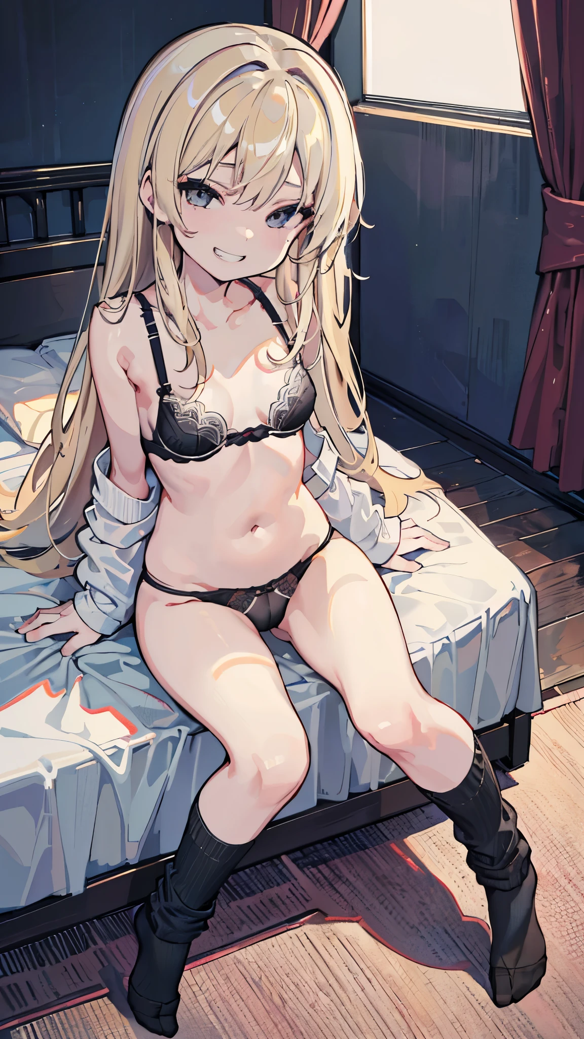 (8K、Highest image quality、highest quality、masterpiece)、detailed face、 1 girl、blonde、long hair、gray eyes、evil smile、((grin))、small breasts、(( black bra))、(( black panties))、white socks、sit on the bed、Take a photo from above、bedroom background