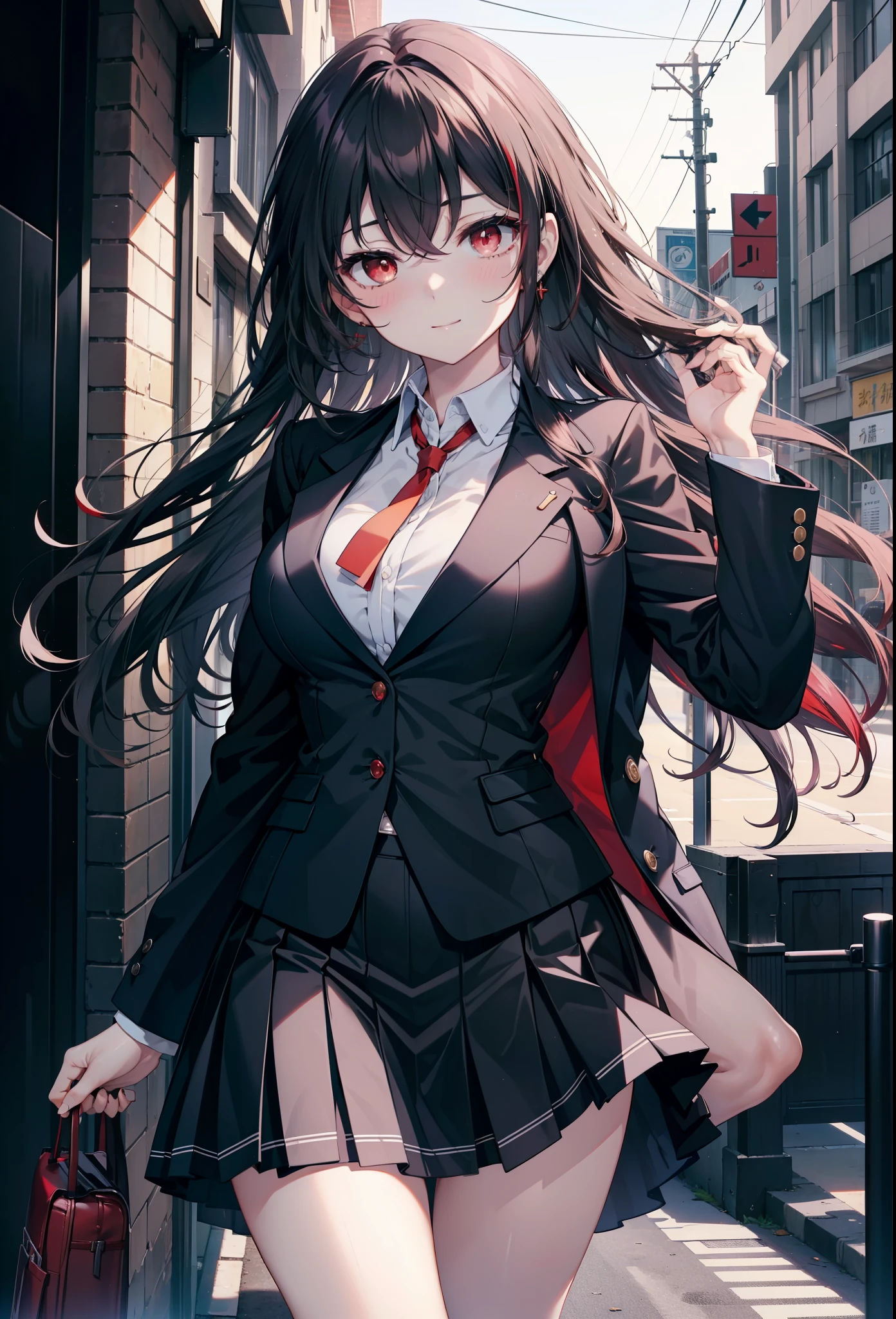Commercial purposes, utaha kasumigaoka, black hair, White Hair Band, long hair, (red eyes:1.5),blush,happy smile, smile, open your mouth,skirt,OL, red glasses, end, black suit jacket, collared jacket, white dress shirt, collared shirt, neckline, button, strap, ID card on neck, 黒のペンシルskirt, black pantyhose,stiletto heels,morning,morning陽,the sun is rising,
break looking at viewer,whole body,(cowboy shot:1. 5)
break outdoors, building street,In town,
break (masterpiece:1.2), highest quality, High resolution, unity 8k wallpaper, (shape:0.8), (fine and beautiful eyes:1.6), highly detailed face, perfect lighting, Very detailed CG, (perfect hands, perfect anatomy),