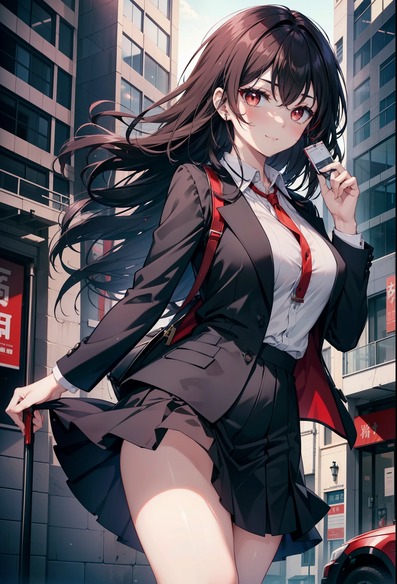 Commercial purposes, utaha kasumigaoka, black hair, White Hair Band, long hair, (red eyes:1.5),blush,happy smile, smile, open your mouth,skirt,OL, red glasses, end, black suit jacket, collared jacket, white dress shirt, collared shirt, neckline, button, strap, ID card on neck, 黒のペンシルskirt, black pantyhose,stiletto heels,morning,morning陽,the sun is rising,
break looking at viewer,whole body,(cowboy shot:1. 5)
break outdoors, building street,In town,
break (masterpiece:1.2), highest quality, High resolution, unity 8k wallpaper, (shape:0.8), (fine and beautiful eyes:1.6), highly detailed face, perfect lighting, Very detailed CG, (perfect hands, perfect anatomy),