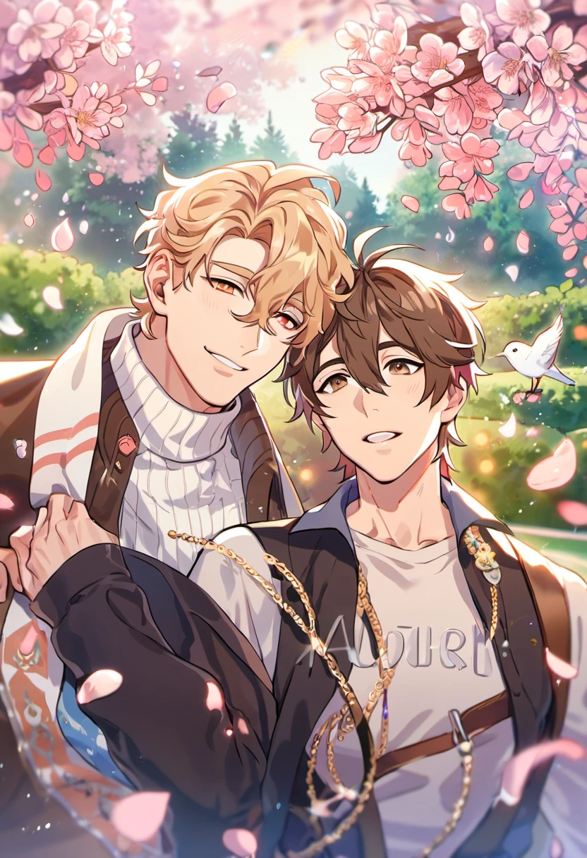 absurdres, highres, ultra detailed, HDR, masterpiece, Quincy, blond short wavy hair, hair between the eyes, expressive orange eyes, Nu Carnival, Eiden, brown short hair, expressive brown eyes, designed with decorations such as pink leaves, blossoms and birds, 2men together, gay couple, handsome, garden, petals