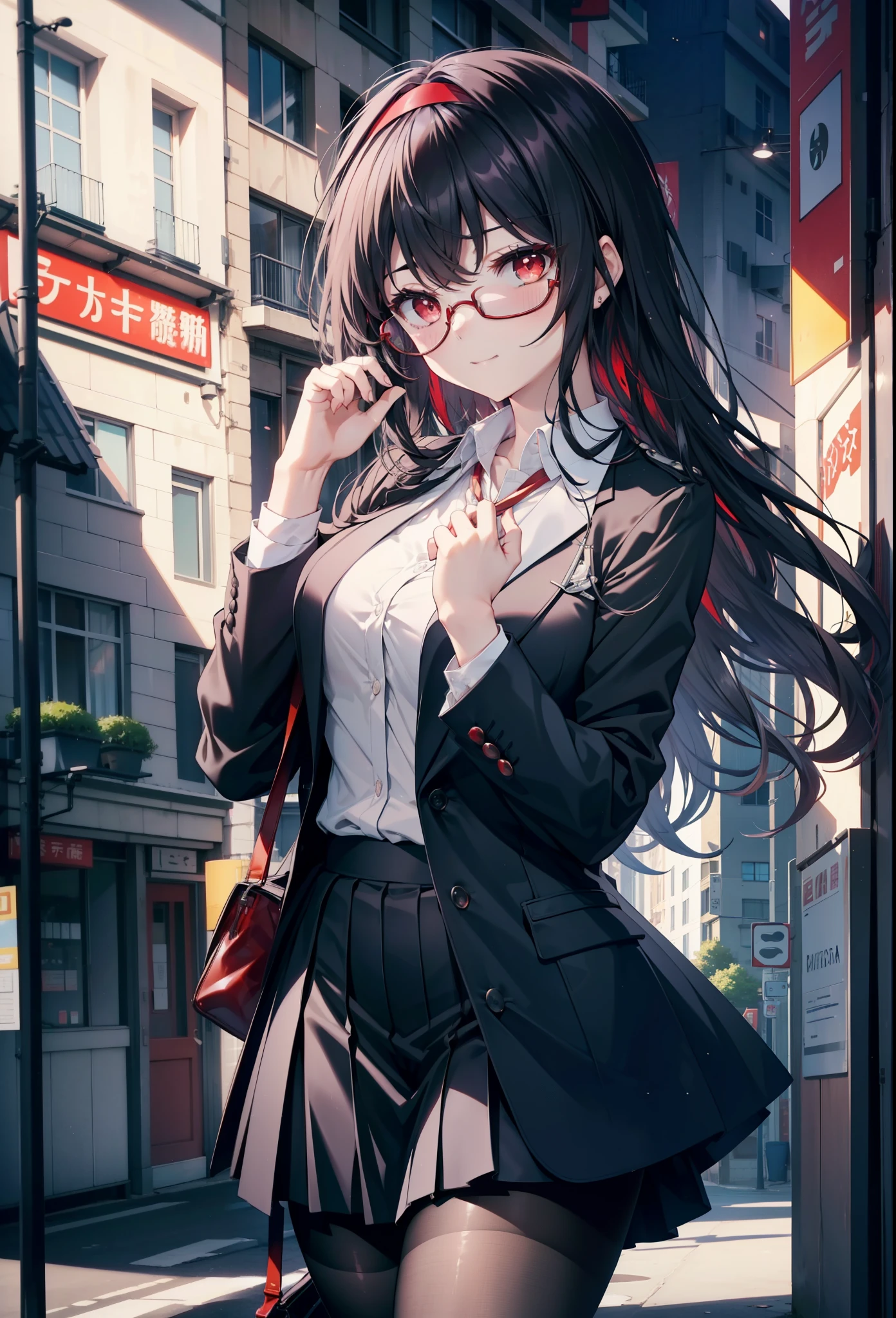 Commercial purposes, utaha kasumigaoka, black hair, White Hair Band, long hair, (red eyes:1.5),blush,happy smile, smile, open your mouth,skirt,OL, red glasses, end, black suit jacket, collared jacket, white dress shirt, collared shirt, neckline, button, strap, ID card on neck, 黒のペンシルskirt, black pantyhose,stiletto heels,morning,morning陽,the sun is rising,
break looking at viewer,whole body,(cowboy shot:1. 5)
break outdoors, building street,In town,
break (masterpiece:1.2), highest quality, High resolution, unity 8k wallpaper, (shape:0.8), (fine and beautiful eyes:1.6), highly detailed face, perfect lighting, Very detailed CG, (perfect hands, perfect anatomy),