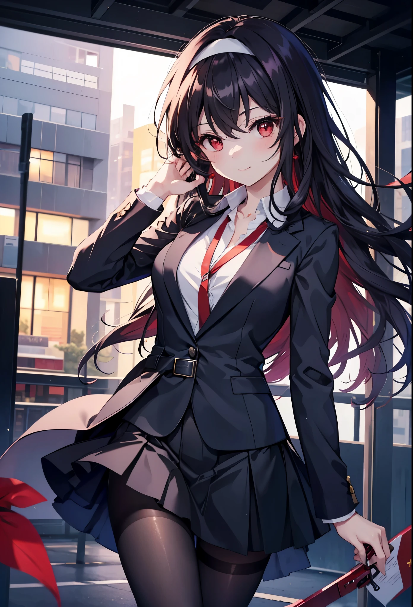 Commercial purposes, utaha kasumigaoka, black hair, White Hair Band, long hair, (red eyes:1.5),blush,happy smile, smile, open your mouth,skirt,OL, red glasses, end, black suit jacket, collared jacket, white dress shirt, collared shirt, neckline, button, strap, ID card on neck, 黒のペンシルskirt, black pantyhose,stiletto heels,morning,morning陽,the sun is rising,
break looking at viewer,whole body,(cowboy shot:1. 5)
break outdoors, building street,In town,
break (masterpiece:1.2), highest quality, High resolution, unity 8k wallpaper, (shape:0.8), (fine and beautiful eyes:1.6), highly detailed face, perfect lighting, Very detailed CG, (perfect hands, perfect anatomy),