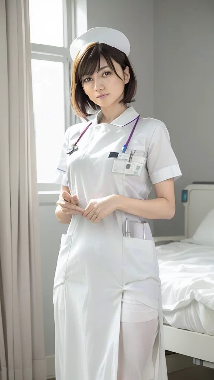 1 girl,(Wearing white nurse clothes:1.2),(Raw photo, highest quality), (realistic, photo-realistic:1.4), masterpiece, very delicate and beautiful, very detailed, 2k wallpaper, wonderful, finely, very detailed CG unity 8k wallpaper, Super detailed, High resolution, soft light, beautiful detailed girl, very detailed eyes and face, beautifully detailed nose, finely beautiful eyes, nurse, perfect anatomy, black hair, up style, nurse uniform, ((nurse cap)), long skirt, nurse, white costume, thin, hospital, clear, White uniform, hospital room, Neck auscultation,(short hair), 