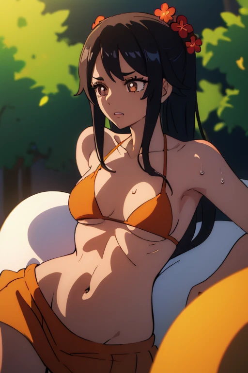 (best quality, highres:1.5), 1 girl, tanned skin, anime style, wearing bikini top and long skirt, stomach pain, painfully starving, lying down, sleeping, sun-kissed complexion, detailed facial features – beautiful, sad eyes, long lashes, expressive eyebrows, detailed lips, ultra-fine painting, high contrast, HDR, natural sunlight filter, extreme detail description, curvy body, minimalist design, visible abs, side view, expressive body language, sweat droplets, emaciated, street scene, outdoor, garden setting, color palette of earth tones, flowers in bloom