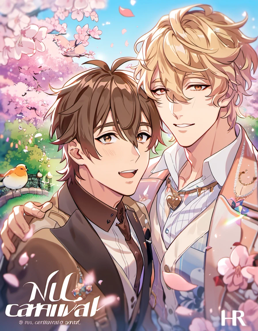 absurdres, highres, ultra detailed, HDR, masterpiece, Quincy, blond short wavy hair, hair between the eyes, expressive orange eyes, Nu Carnival, Eiden, brown short hair, expressive brown eyes, designed with decorations such as pink leaves, blossoms and birds, 2men together, gay couple, handsome, garden, petals