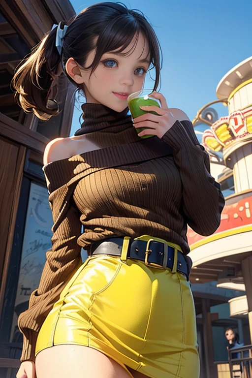 (masterpiece:1.2, top-quality), (realistic, photorealistic:1.4), beautiful illustration, (natural side lighting, movie lighting), looking away, (from below), 1 girl, japanese, high school girl, 14 years old, perfect face, perfect body, cute and symmetrical face, shiny skin, babyface, tiny, (short hair:1.5, (low ponytail):1.6, long sideburns, light brown hair), asymmetrical bangs, dark blue eyes, big eyes, drooping eyes, (middle breasts, seductive thighs, big ass), beautiful hair, beautiful face, beautiful detailed eyes, beautiful clavicle, beautiful body, beautiful chest, beautiful thigh, beautiful legs, beautiful fingers, (((off-shoulder light yellow green sweater, brown tight leeveless dark brown turtleneck sweater), belt, emerald green hair ribbon), (beautiful scenery), morning, (amusement park), walking, (hand in own hair), holding a drink, (happy smile, open mouth),