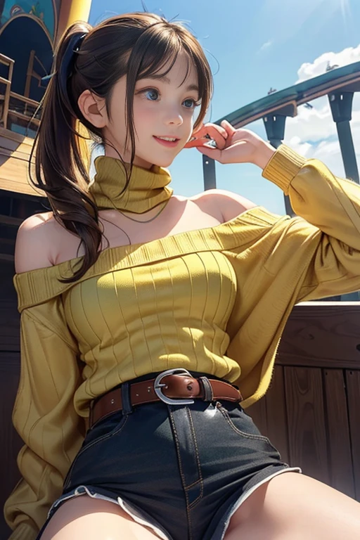 (masterpiece:1.2, top-quality), (realistic, photorealistic:1.4), beautiful illustration, (natural side lighting, movie lighting), looking away, (from below), 1 girl, japanese, high school girl, , perfect face, perfect body, cute and symmetrical face, shiny skin, babyface, tiny, (short hair:1.5, (low ponytail):1.6, long sideburns, light brown hair), asymmetrical bangs, dark blue eyes, big eyes, drooping eyes, (middle breasts, seductive thighs, big ass), beautiful hair, beautiful face, beautiful detailed eyes, beautiful clavicle, beautiful body, beautiful chest, beautiful thigh, beautiful legs, beautiful fingers, (((off-shoulder light yellow green sweater, brown tight leeveless dark brown turtleneck sweater), belt, emerald green hair ribbon), (beautiful scenery), morning, (amusement park), walking, (hand in own hair), holding a drink, (happy smile, open mouth),
