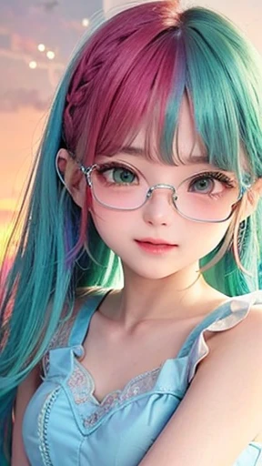 small face、 (alone:1.5,)Super detailed,bright colors, very beautiful detailed anime face and eyes, look straight,  shiny_skin,girl, (((rainbow colored hair, colorful hair, Half red、Half emerald green hair: 1.2))), 、shiny hair, delicate beautiful face, blush、Glasses、(turquoise eyes), , Valletta, earrings,、flower garden、sunset、(（(light blue、See-through、sexy、Sailor Leotard、Lace mini skirt,Translucent shirt)))、（twin tails）、smile、happy face、face dyed red、cheerful pose、dynamic、