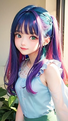 small face、 (alone:1.5,)Super detailed,bright colors, very beautiful detailed anime face and eyes, look straight,  shiny_skin,girl, (((rainbow colored hair, colorful hair, Half red、Half emerald green hair: 1.2))), 、shiny hair, delicate beautiful face, blush、Glasses、(turquoise eyes), , Valletta, earrings,、flower garden、sunset、(（(light blue、See-through、sexy、Sailor Leotard、Lace mini skirt,Translucent shirt)))、（twin tails）、smile、happy face、face dyed red、cheerful pose、dynamic、