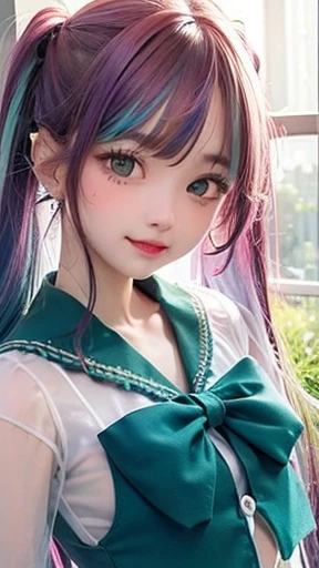 small face、 (alone:1.5,)Super detailed,bright colors, very beautiful detailed anime face and eyes, look straight, shiny_skin,girl, (((rainbow colored hair, colorful hair, Half red、Half emerald green hair: 1.2))), 、shiny hair, delicate beautiful face, blush、Glasses、(turquoise eyes), , Valletta, earrings,、flower garden、sunset、(((light blue、See-through、sexy、Sailor Leotard、Lace mini skirt,Translucent shirt)))、(twin tails)、smile、happy face、face dyed red、cheerful pose、dynamic、