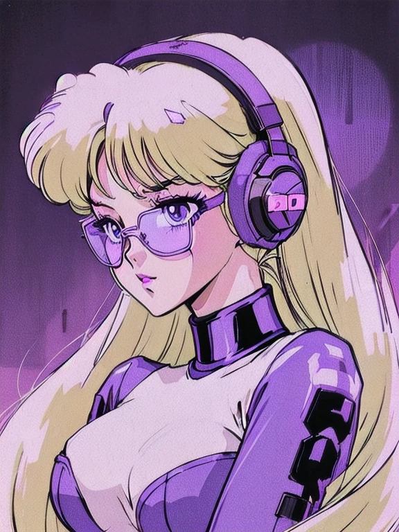 (Blonde Barbie:1.2),(vintage 90's:1.1),(romance anime style:1.3), white glasses, headphones, dark cyberpunk city, dystopia, dark color scheme with a black and purple background, waist up, lilac turtleneck