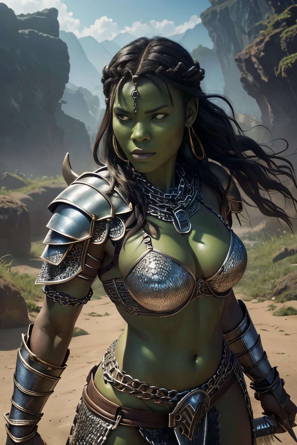 (A high resolution:1.2),Ultra detailed,(realistic:1.37),beautiful African woman,half-orc warrior, soft facial features, (((green skin))), (((chain mail armor))), (((chainmail bra))), Red eyes, (((battle ax wielder))), long wavy hair, on the battlefield, fighting demons, low lighting,shackles,A desperate look,A beautiful work of art,detailed background,soft shadows,bright colors,surreal atmosphere,fine textures,very beautiful,emotionally charged, (((no nude))), whole body pose