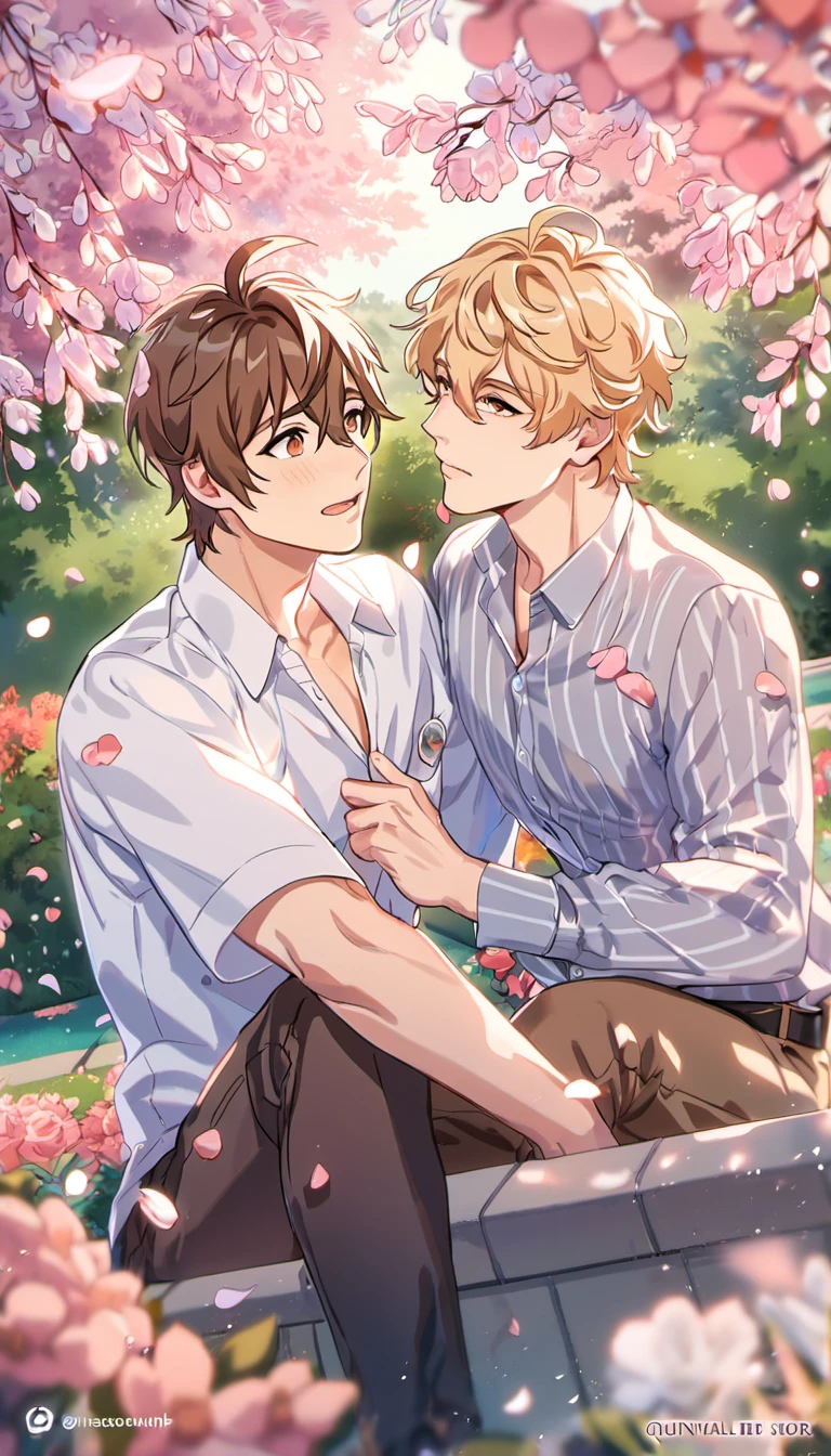absurdres, highres, ultra detailed, HDR, master piece, best quality, Ash Lynx, blonde hair, closed eyes, banana fish, Okumura Eiji, black hair, closed eyes, two sexy men kissing, yaoi, gay couple, handsome, brown coat, white sweater, black coat, fantasy, shining, pink flowers, pink blossoms, pink butterflies, pink petals