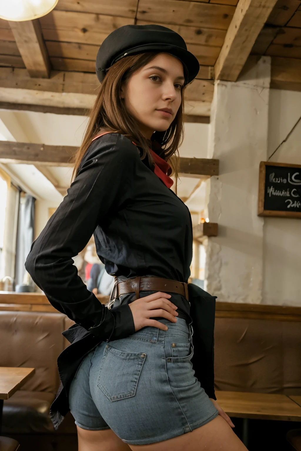 (8K, Photo brute, la plus haute qualité), photo d&#39;une jeune femme,avocate, cheveux longs, cheveux bruns, queue de cheval, chapeau rouge, foulard, Haut court noir, chemise blanche, manches courtes, clivage, nombril, short en jean, ceinture, gants de coude noirs, Gants sans doigts noirs, ((cuissardes rouges)), dans un restaurant, Derrière le comptoir, caisse