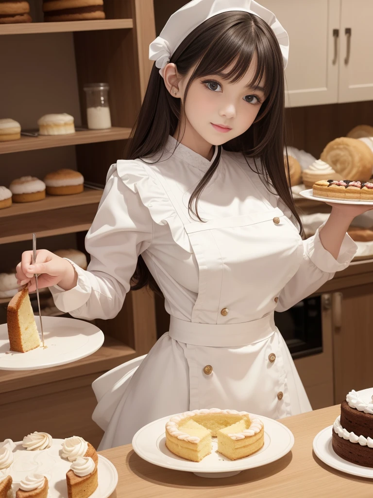 masuter piece, best qualtiy, ((Real Model Shots)), 8K picture quality, ((1 persons)), extremely delicate and beautiful, magnifica, Official art with attention to detail, (Cute girl), (Petite and pretty girl), (japanese beauty girl), ((Perfect female figure)), large full breasts, Slim waist, big butts, Black hair, (((Cute long sleeve pastry chef clothes))), Cooking clothes, Whole cakes, atelier, Cake shop, ssmile,