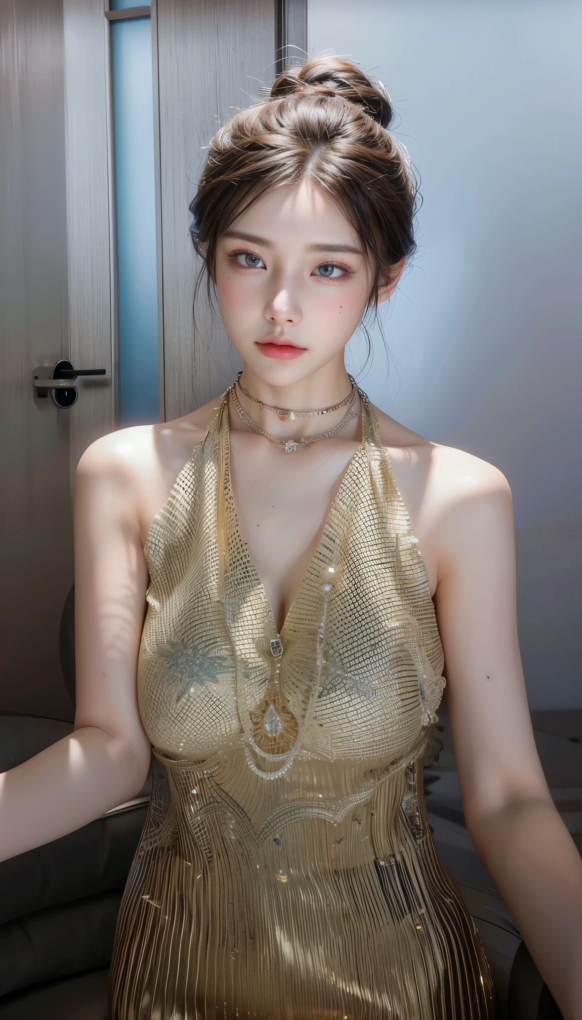 Game art,Best image quality,Highest resolution,8K,(A half-length photo),(portrait),(Head close-up),(rule of thirds),Unreal Engine 5 rendering works,20 year old girl,((Queen)),Eyes are very detailed,(big breasts),Elegant and noble,cinema lights,Ray tracing,Game CG,((3D Unreal Engine)),OC rendering reflection pattern,4K,Ultra-clear,translucent lace,Fair and plump figure,pretty face,gloss gel coat,身着华贵礼服的Queen,Necklace jewelry,dark blue pupils(Like the eyes of the starry sky),Full body tattoos,The tattoo is very beautiful,纹身Queen,Gold chain mail