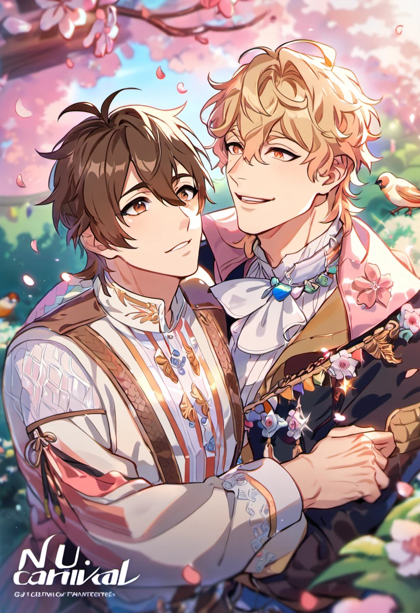 absurdres, highres, ultra detailed, HDR, masterpiece, Quincy, blond short wavy hair, hair between the eyes, expressive orange eyes, Nu Carnival, Eiden, brown short hair, expressive brown eyes, designed with decorations such as pink leaves, blossoms and birds, 2men together, gay couple, handsome, garden, petals, fantasy clothes