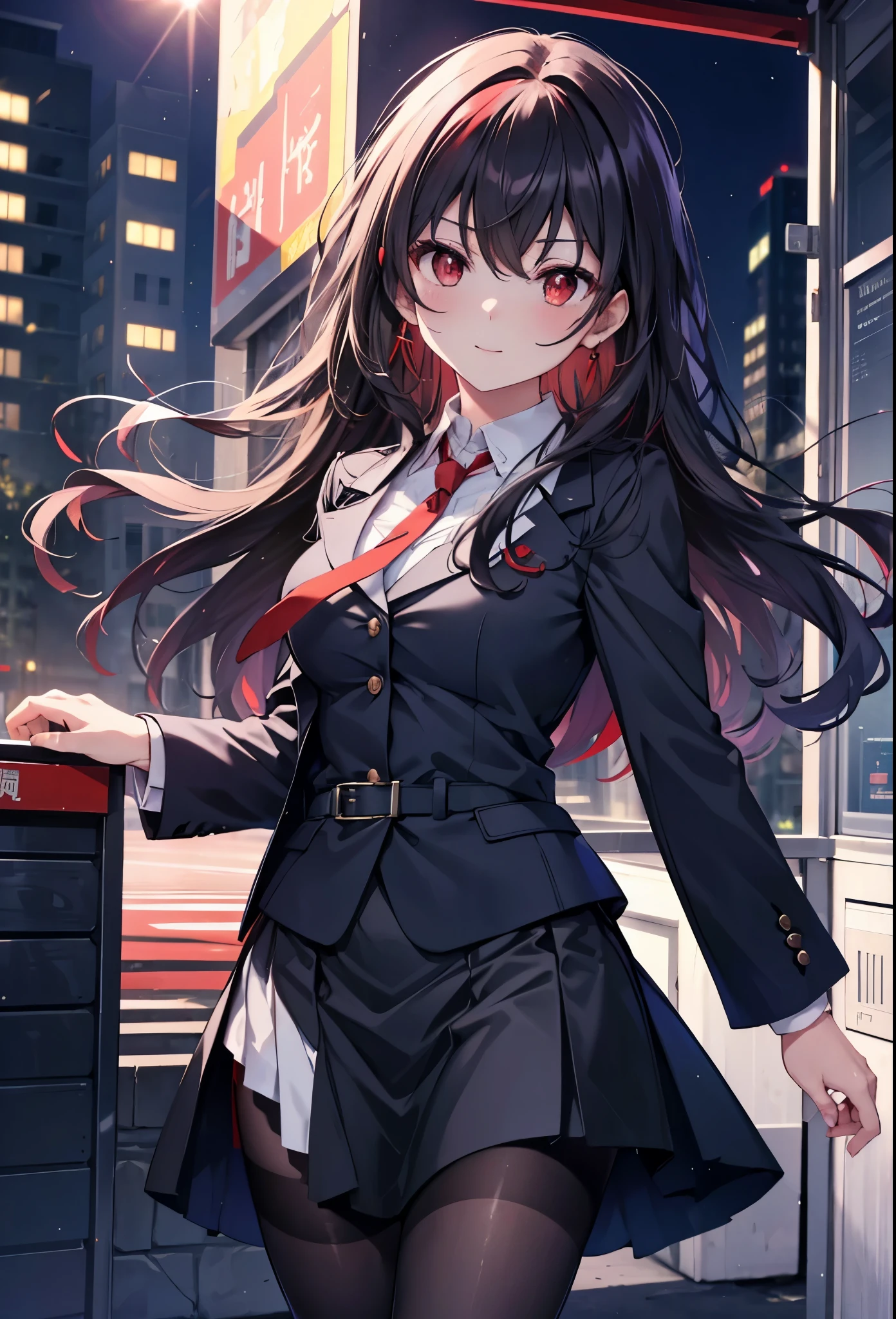 Commercial purposes, utaha kasumigaoka, black hair, White Hair Band, long hair, (red eyes:1.5),blush,happy smile, smile, open your mouth,skirt,OL, red glasses, end, black suit jacket, collared jacket, white dress shirt, collared shirt, neckline, button, strap, ID card on neck, 黒のペンシルskirt, black pantyhose,stiletto heels,morning,morning陽,the sun is rising,
break looking at viewer,whole body,(cowboy shot:1. 5)
break outdoors, building street,In town,
break (masterpiece:1.2), highest quality, High resolution, unity 8k wallpaper, (shape:0.8), (fine and beautiful eyes:1.6), highly detailed face, perfect lighting, Very detailed CG, (perfect hands, perfect anatomy),