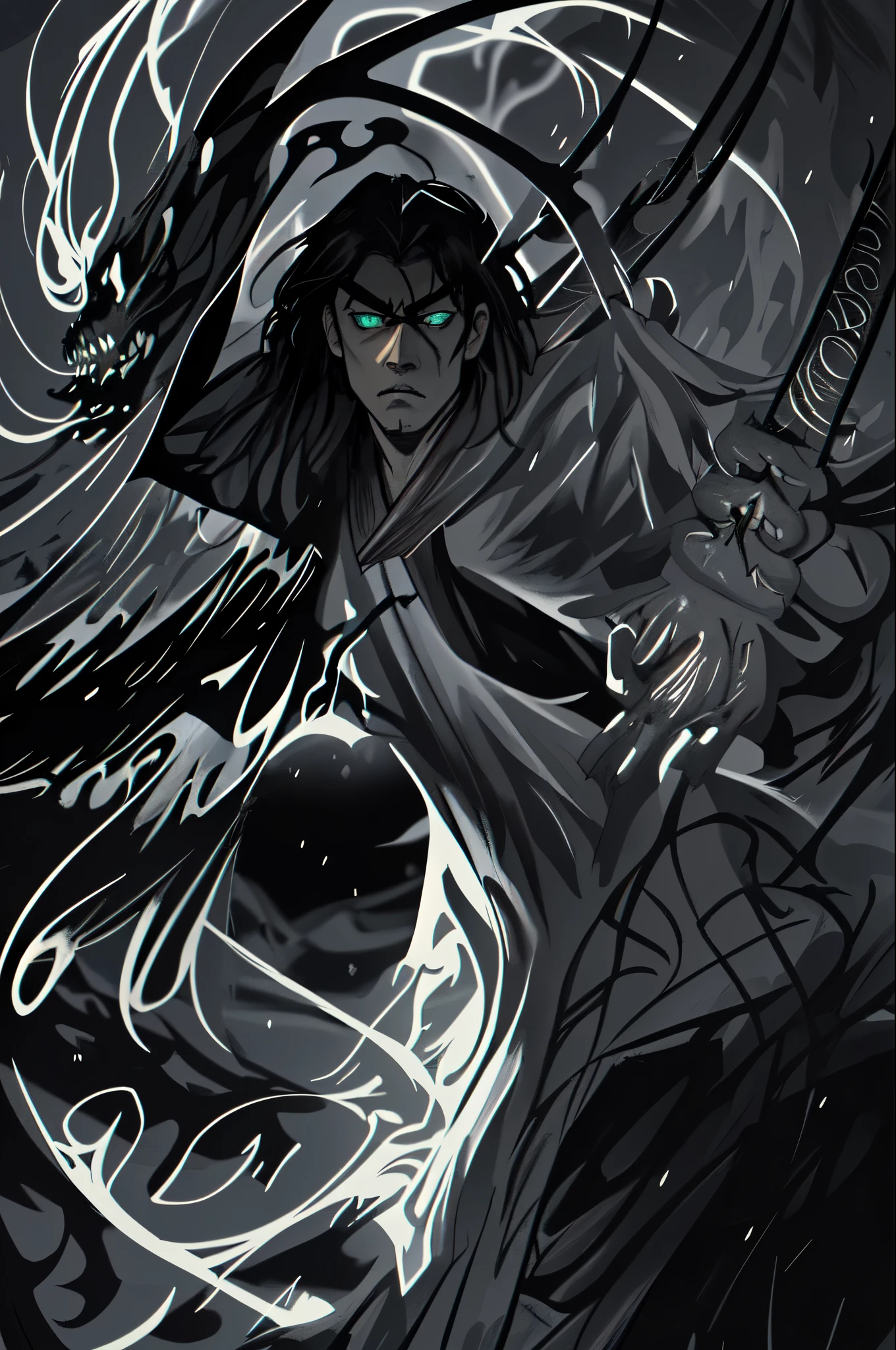 Um espadachim de cabelos longos negros, vestido com um kimono preto fluente, ergue sua espada negra diante de uma tempestade de sombras que se contorcem ao seu redor, as he dominates the darkness with a determined and unforgiving gaze