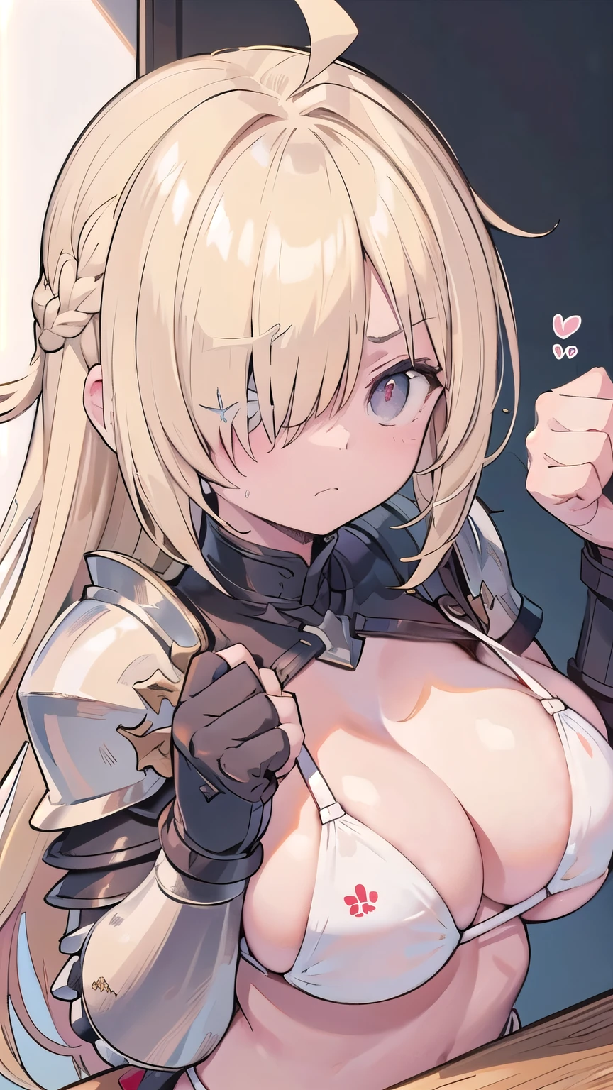 cleavage、tits、scared, organs,、hands up, elbows on table, face palm、breasts close up, blonde ((((((hair over one eye)))))), Braid Styles, spiked hair, blunt bangs, bob hair, a braid, Ahoge red eyes, (((white bikini armor))), closed mouth, fang, glaring, ((disdain)), ((punching)), angry